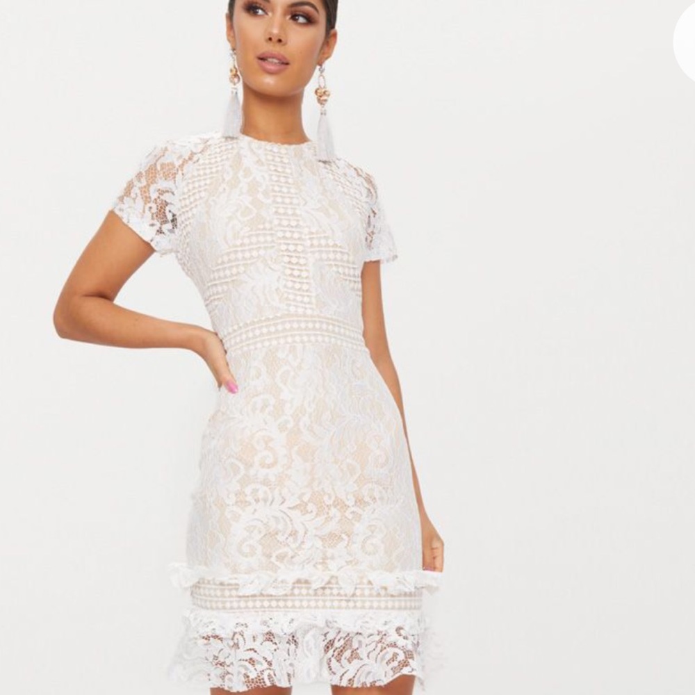 Pretty Little Thing White frill lace hem dress
